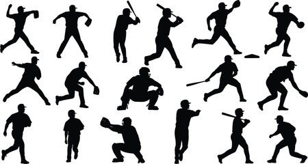 Fototapeta premium Baseball Player Silhouettes Set Including Pitchers Batters Catchers and Fielders in Action Poses for Sports Vector Graphic Design and Branding