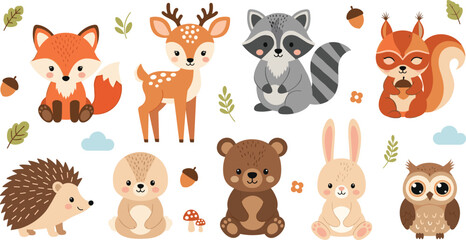 Fototapeta premium Cute Woodland Forest Animals Vector Set Featuring Fox, Deer, Raccoon, Squirrel, Hedgehog, Bear, Rabbit and Owl Cartoon Characters.