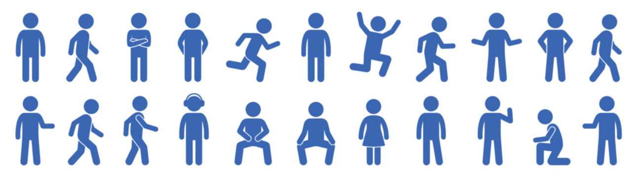 Blue human silhouette stick figure icon set with various poses like walking running standing and sitting for infographic design business lifestyle and healthcare medical presentations