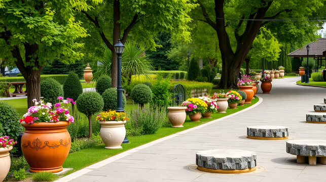 Flower pots and boulevards decorated with crock pots and stone millstones in the park