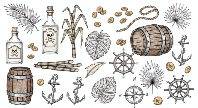 Set of hand drawn pirate style rum illustrations. Doodle drawings of rum bottles, barrels, sugarcane, pirate coins, tropical leaves, and nautical elements.