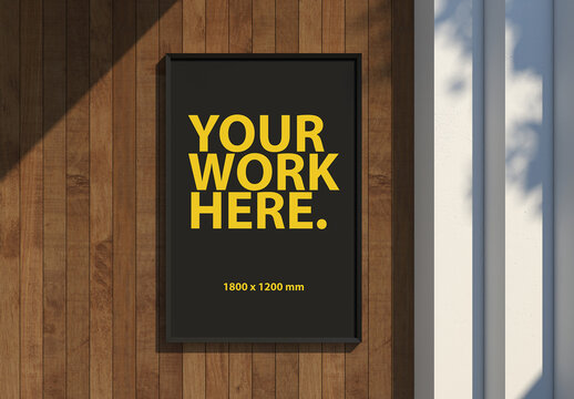 Vertical Billboard poster frame Mockup on a wooden wall