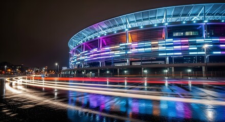 Soccer ball resting on professional green field.