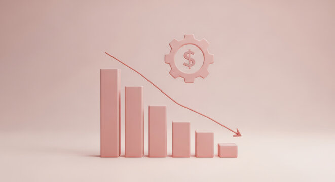 Minimalist 3D Bar Graph Depicting Economic Decline with a Descending Red Arrow and a Gear Icon with a Dollar Sign Against a Soft Pink Background