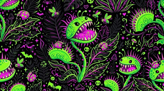 Neon Venus Flytrap Carnivorous Plant Seamless Pattern with Jungle Leaves and Ladybugs 4K wallpaper, wall art or TV frame Art