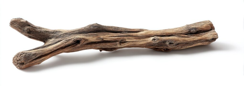 A branch of driftwood, weathered, textured, with a fork, against a white backdrop