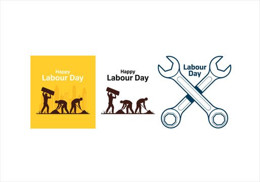 Yellow background with labour day text and monkey evolution and blue wrench with labour day text