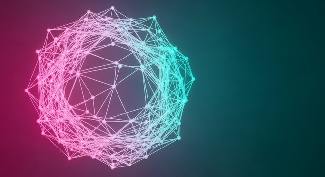 Futuristic abstract network of glowing neon pink and teal fibers representing interdisciplinary nanomaterial bonding structures and advanced science, lighting, material science, structure