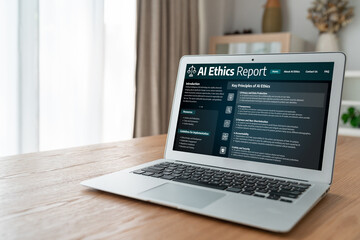 Fototapeta premium AI ethics responsibility standard law and rules on computer screen provide report of AI ethic transparency preventing technology crime. brisk