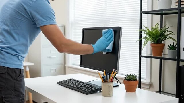 Cleaner in gloves sanitizing office computer monitor. Professional workplace disinfection and hygiene service.