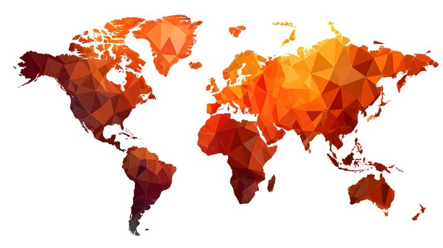 Abstract Geometric World Map in Fiery Orange and Red Tones.