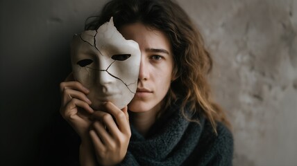 Obraz premium Striking conceptual image of a person holding a cracked mask, symbolizing neurodivergent masking, social masking, and hidden emotions in a moody, artistic style, adhd, autism, audhd