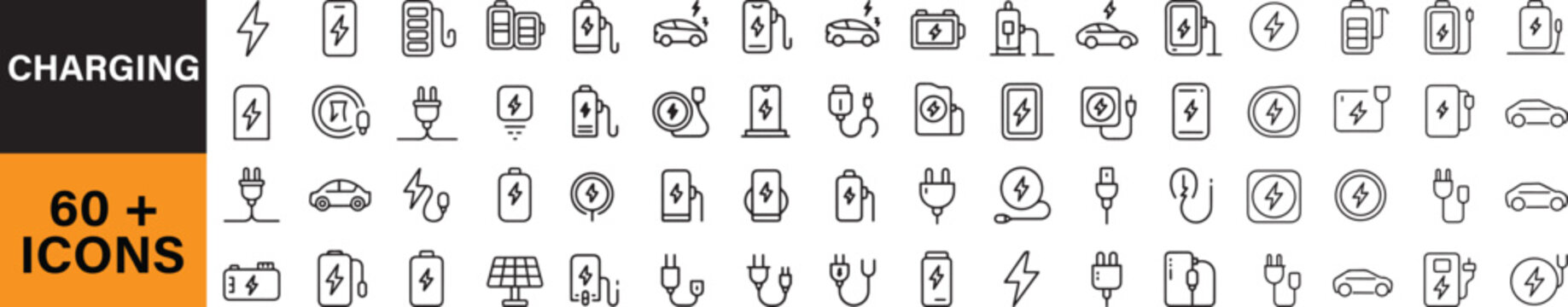 Charging web icons in line style. Charging, charging station, battery, electricity, wireless charging, electric car, collection. Outline icon in linear style