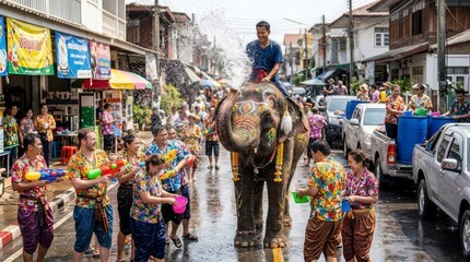 Fototapeta premium Colorful street festival with elephant and people celebrating water splashing joyfully