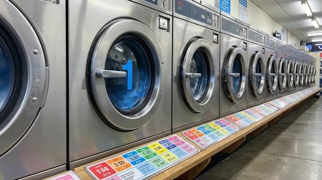 Row of modern industrial washing machines in a public laundromat. Clean, stainless steel laundry equipment with colorful pricing.