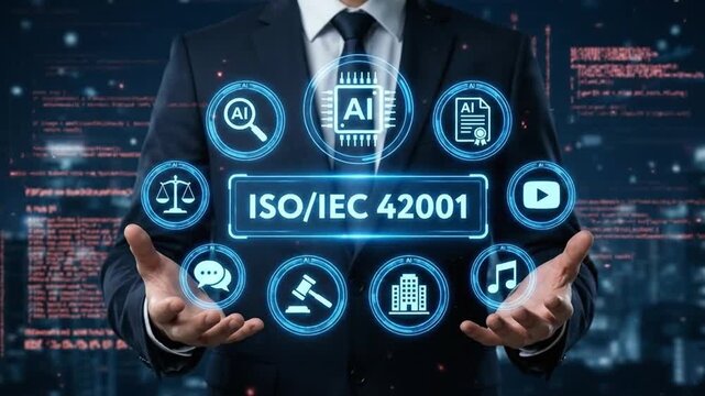 ISO/IEC 42001 AI Management System. Business man holding holographic display with AI ethics, compliance, and technology icons.