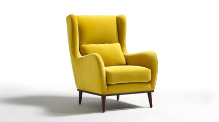 Fototapeta premium Elegant Yellow Wingback Armchair with Accent Pillow on White Background.