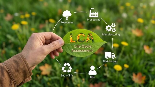 Sustainable Life Cycle Assessment (LCA) concept on a leaf, illustrating environmental product impact in nature