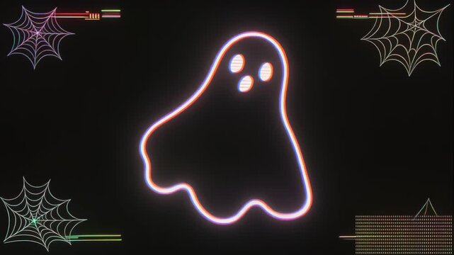 暗闇に浮かぶ幽霊の影が電子ノイズと色分離で揺らぐ不気味なハロウィン背景