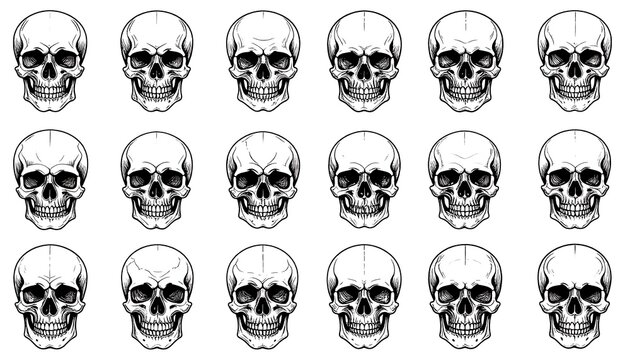 Detailed monochrome illustration of multiple human skulls in a row.