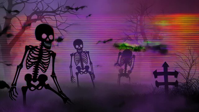 紫黒の霧に浮かぶ骸骨とコウモリがピクセル崩壊するサイバー怪奇ハロウィン背景