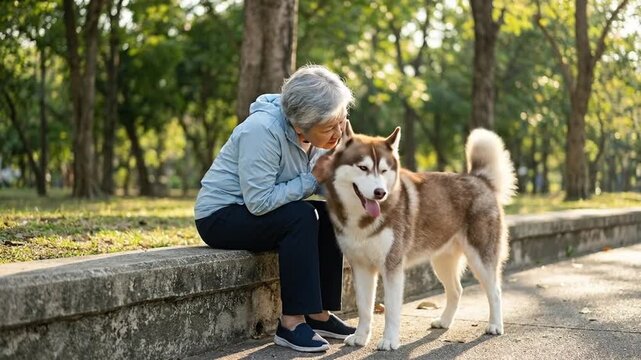 Senior woman petting her loyal husky-type dog in a sunny park, enjoying companionship and nature outdoors.