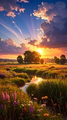 A serene landscape with a stream, wildflowers, and a vibrant sunset