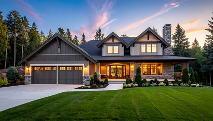 Stunning Modern Home with Lush Green Lawn and Driveway.