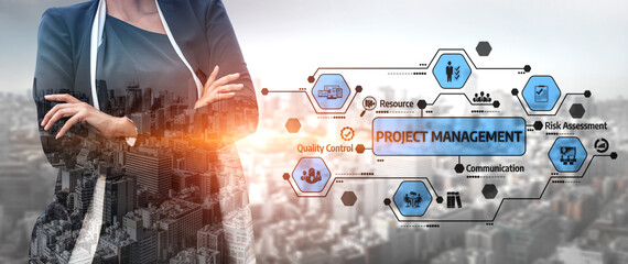 A confident professional woman stands with arms crossed, showcasing project management concepts over a stunning urban backdrop, signifying leadership in business. Tessel © InfiniteFlow