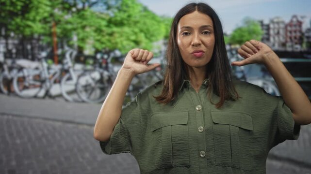 Young hispanic woman points thumbs to chest showing bare forearms on amsterdam street with parked bicycles and canal buildings; confidence independence.