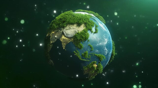 森と海の生態系が広がる回転する地球が象徴する持続可能社会の環境コンセプト