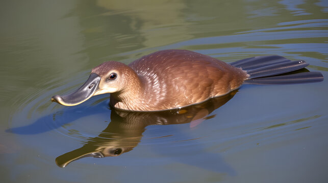 Platypus - Ornithorhynchus anatinus, duck-billed platypus, semiaquatic egg-laying mammal endemic to eastern Australia, including Tasmania. Strange water marsupial with duck beak and flat fin tail