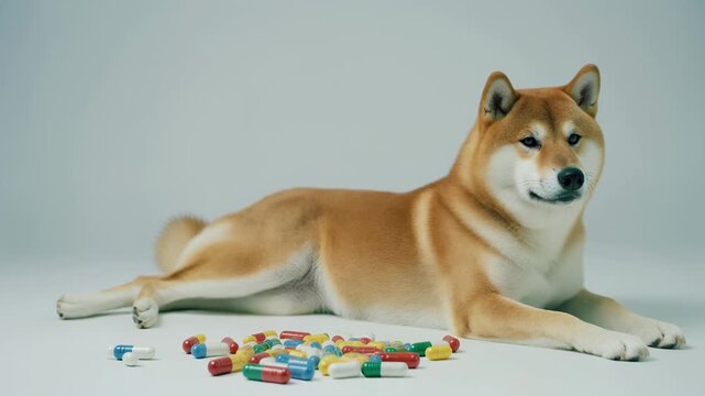 白いスタジオで横たわる柴犬と並ぶカラフルなカプセル薬のペット健康イメージ