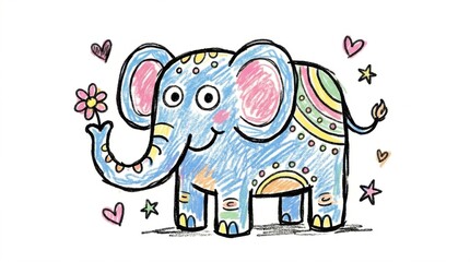 Fototapeta premium Cute cartoon elephant with flower and hearts, colorful illustration.