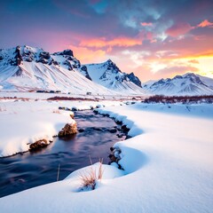 A serene snowy landscape with a winding river