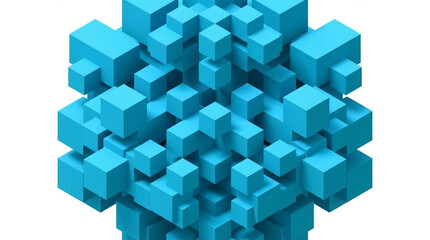 Obraz premium Blue Cubes Assembled into a Complex Geometric Structure on White Background abstract