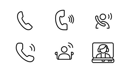 Fototapeta premium Set of black communication line art icons including ringing phone, incoming call, callback, and video conference symbols, for web and mobile UI design