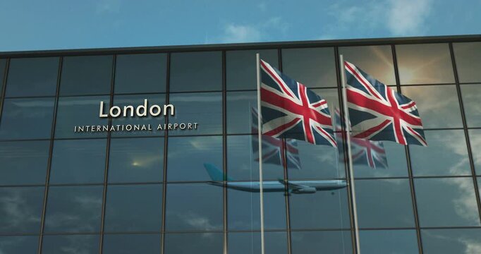 Airplane landing at Istanbul. Jet plane airliner travel to England United Kingdom terminal airport with national flags.