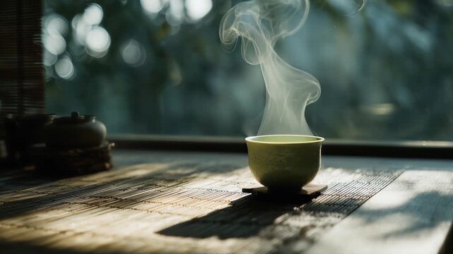 Steaming tea cup on rustic wooden table in soft sunlight, evoking zen tranquility and wabi sabi beauty with minimalist Japanese-inspired decor Generated with AI