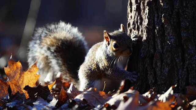A squirrel stands on fallen leaves, looking up at a tree trunk, surrounded by autumn foliage, with its bushy tail and paws visible.