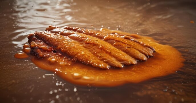 A single wing partially submerged in a pool of warm, golden brown BBQ sauce, with droplets clinging to its surface ,  dripping,  saucy,  liquid