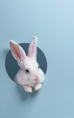 Obraz premium White rabbit peeking through circular hole on soft blue background