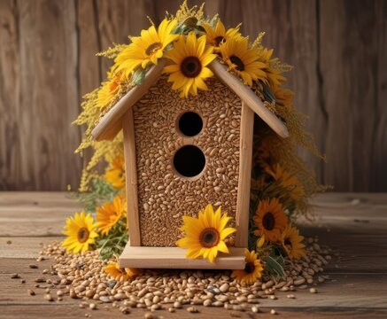 Bird seed mix in wooden birdhouse with sunflower seeds, nyjer seeds, and millet , birdseed mix,  garden,  food photography