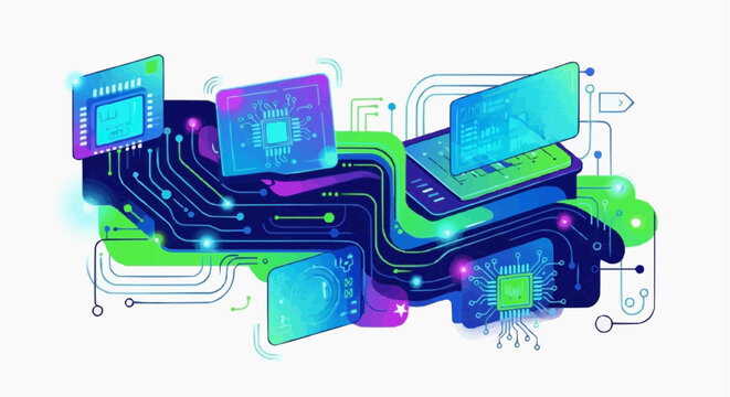A vibrant vector graphic illustration of computer hardware and technology components