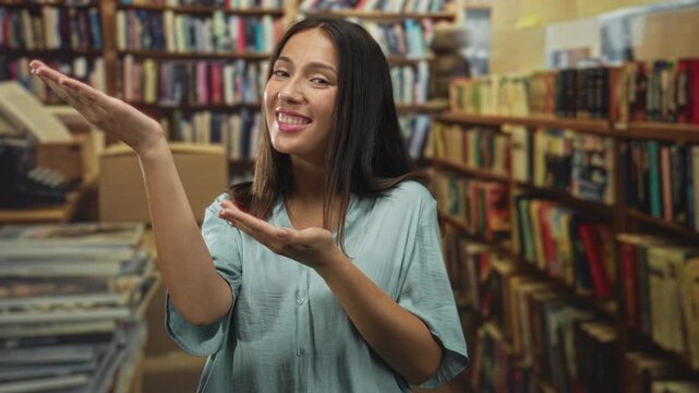 Hispanic young brunette woman smiling, palms up presenting gesture among bookshelves in a library building; curiosity.
