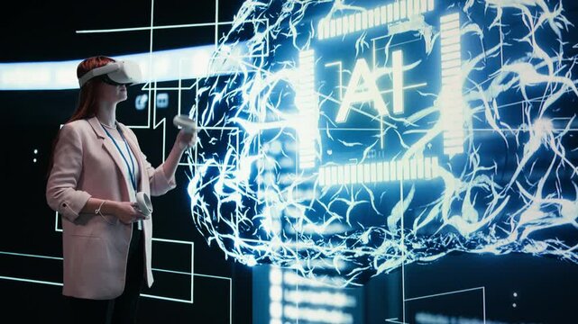 Admin wearing VR headset gear reports to AI brain displayed on digital dashboard. Worker completes assignments distributed by artificial intelligence superintelligence using virtual reality, camera A