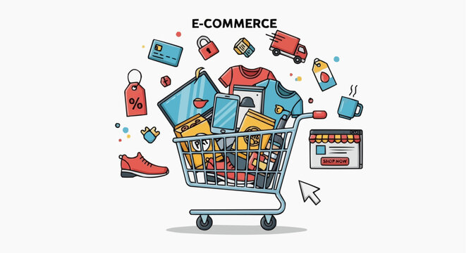 A colorful illustration of a shopping cart filled with various e-commerce items
