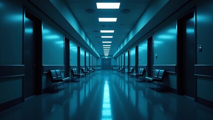 Fototapeta premium Long dark hospital corridor with rooms and seats 3D rendering. Empty accident and emergency interior with bright lights lighting the hall from the ceiling