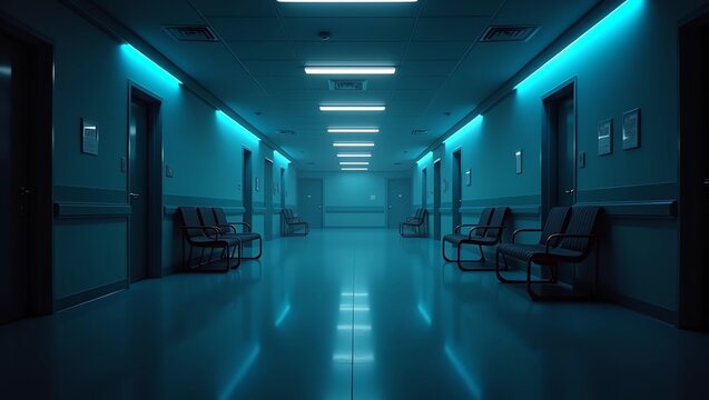Long dark hospital corridor with rooms and seats 3D rendering. Empty accident and emergency interior with bright lights lighting the hall from the ceiling