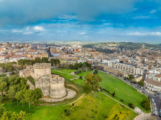 Aerial view of Castello Tramontano: 16th-century Aragonese Fortress in Matera, Basilicata. Italy with three round bastions